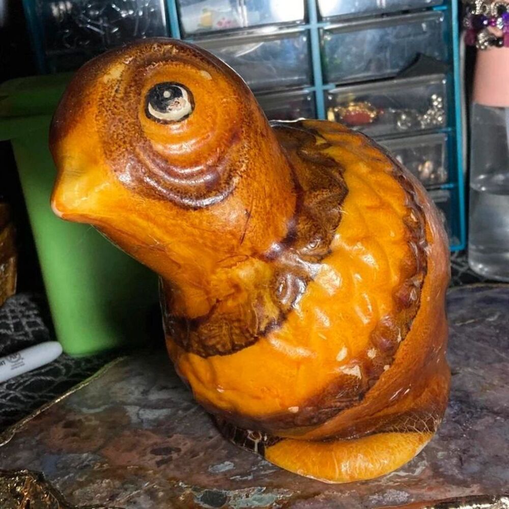 Vintage 70s/80s brown & orange marbled bird candle handmade in Italy